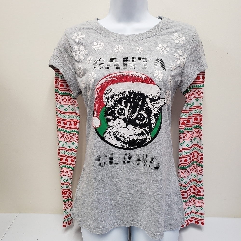 Wound Up Womens Christmas Santa Claws Kitty Cat Holiday Long Sleeve Top Size L